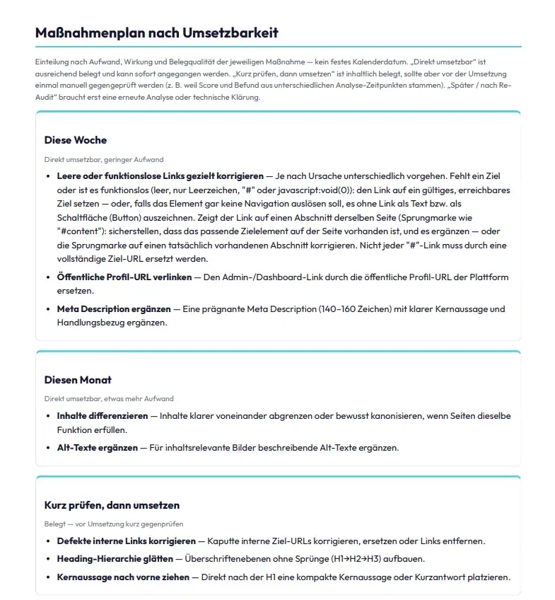 Reportseite „Maßnahmenplan nach Umsetzbarkeit“ mit drei Klassen und konkreten Maßnahmen.