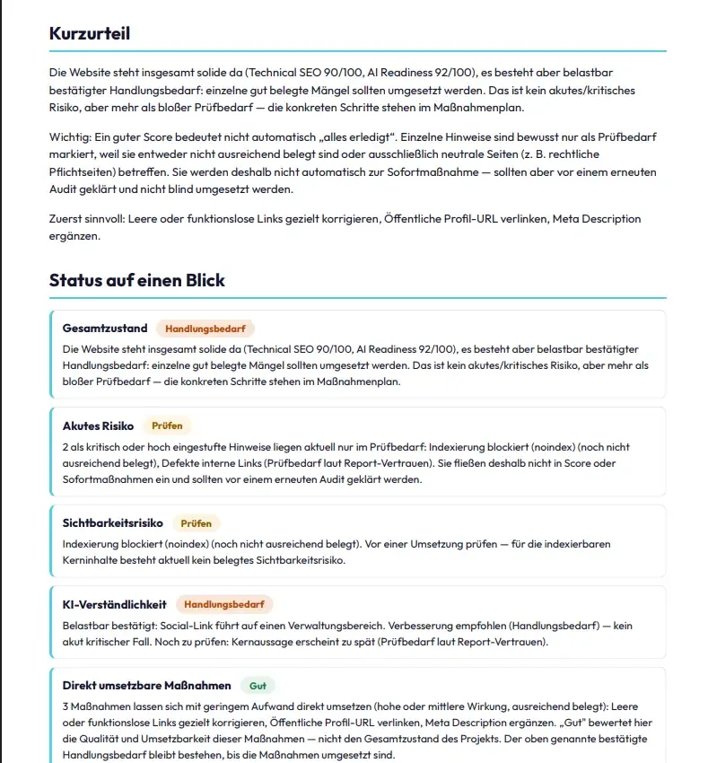Reportseite „Status auf einen Blick“ mit Kurzurteil und fünf bewerteten Blöcken.