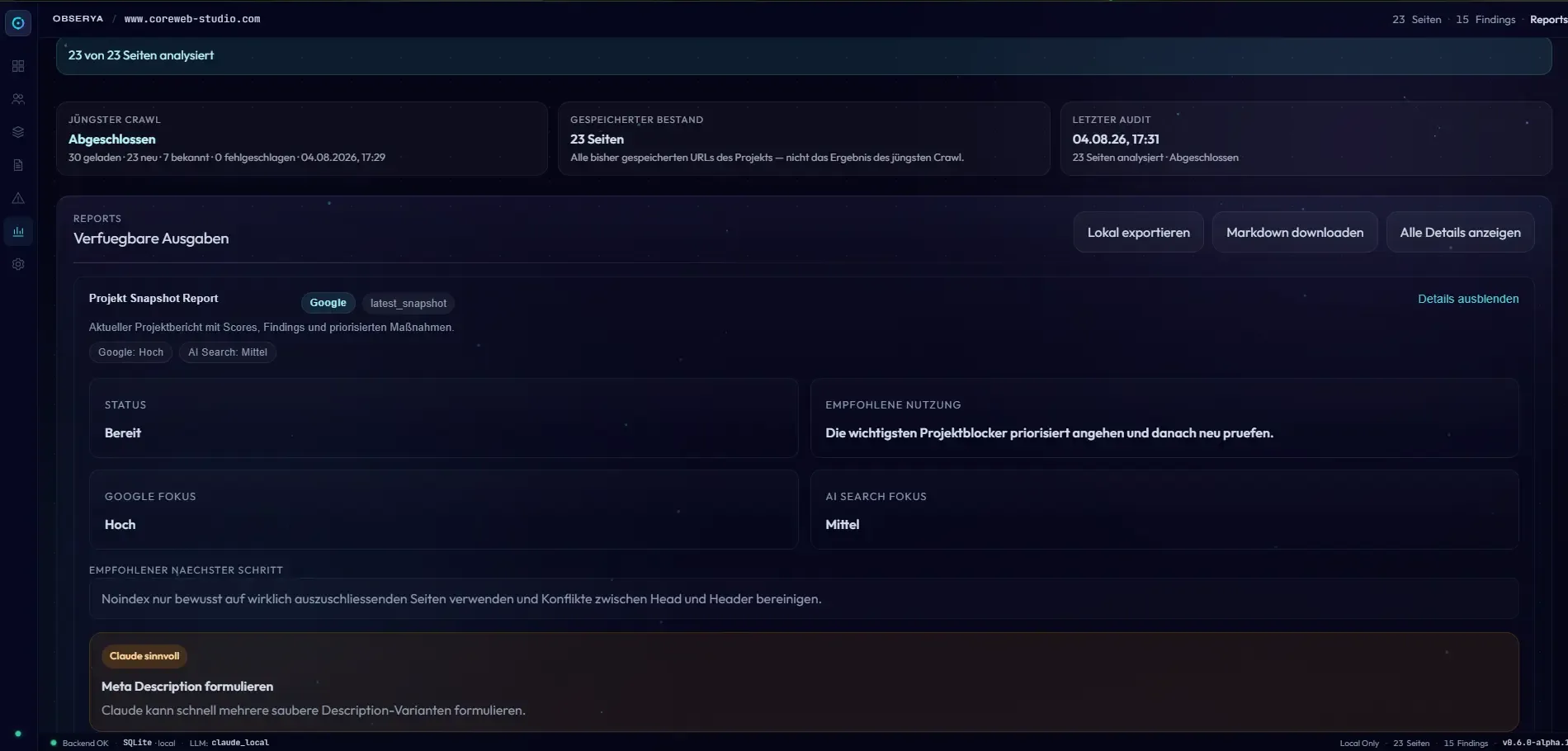 Reports-Ansicht mit den verfügbaren Ausgaben, dem Projekt-Snapshot, dem empfohlenen nächsten Schritt und den Exportaktionen.