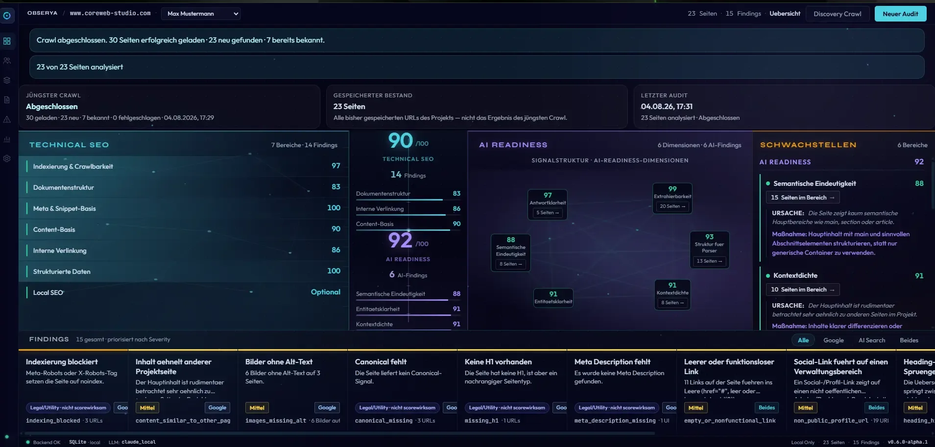 Obserya-Dashboard mit den Technical-SEO-Bereichen, beiden Scores, der AI-Readiness-Signalstruktur und dem Findings-Band.